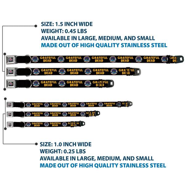 Buckle-Down GRATEFUL DEAD Text With Steal Your Face Logo Full Color Black Seatbelt Buckle Collar - GRATEFUL DEAD Text And Skull And Roses Round Logo Black/Yellow