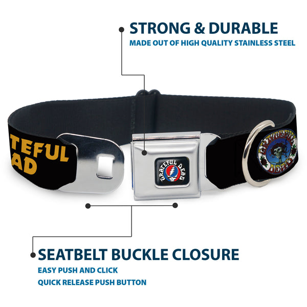 Buckle-Down GRATEFUL DEAD Text With Steal Your Face Logo Full Color Black Seatbelt Buckle Collar - GRATEFUL DEAD Text And Skull And Roses Round Logo Black/Yellow