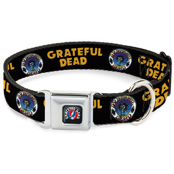 Buckle-Down GRATEFUL DEAD Text With Steal Your Face Logo Full Color Black Seatbelt Buckle Collar - GRATEFUL DEAD Text And Skull And Roses Round Logo Black/Yellow