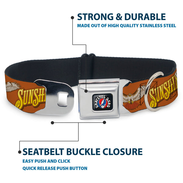 Buckle-Down GRATEFUL DEAD Text With Steal Your Face Logo Full Color Black Seatbelt Buckle Collar - Grateful Dead SUNSHINE DAYDREAM Skeleton Orange