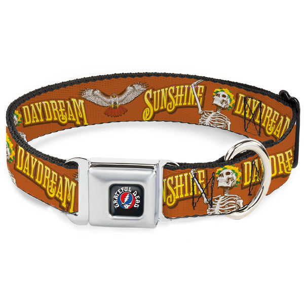 Buckle-Down GRATEFUL DEAD Text with Steal Your Face Logo Full Color Black Seatbelt Buckle Collar - Grateful Dead SUNSHINE DAYDREAM Skeleton Orange