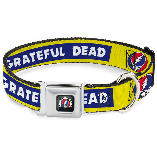 Buckle-Down GRATEFUL DEAD Text With Steal Your Face Logo Full Color Black Seatbelt Buckle Collar - GRATEFUL DEAD Text Box And Steal Your Face Logo Yellow/Blue/White