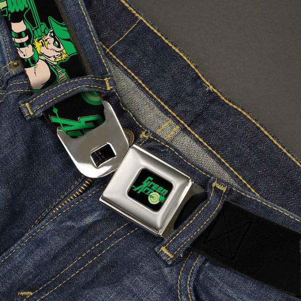Buckle-Down GREEN ARROW Logo Full Color Black Green Seatbelt Belt - GREEN ARROW Action Poses/Targets Black/Greens Webbing