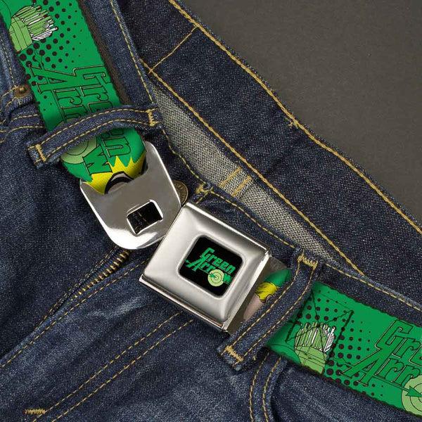 Buckle-Down GREEN ARROW Logo Full Color Black Green Seatbelt Belt - GREEN ARROW Poses WHAT CAN ONE MAN DO? Greens/Black Webbing