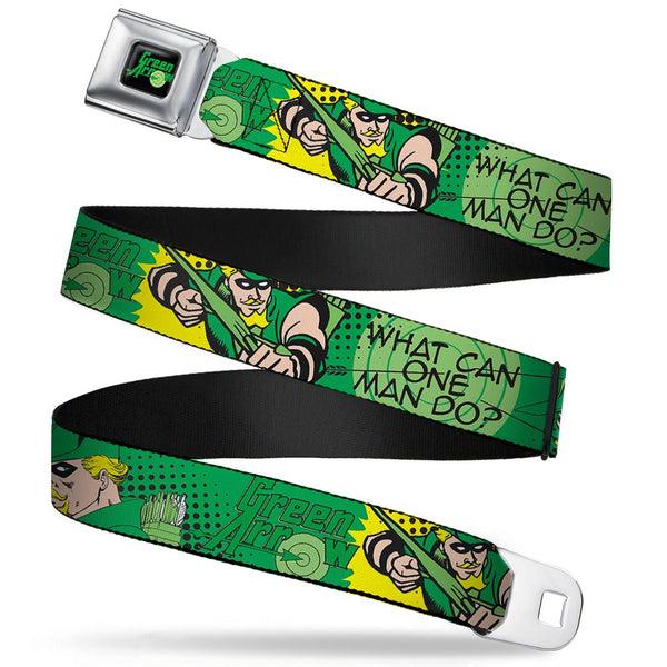 Buckle-Down GREEN ARROW Logo Full Color Black Green Seatbelt Belt - GREEN ARROW Poses WHAT CAN ONE MAN DO? Greens/Black Webbing