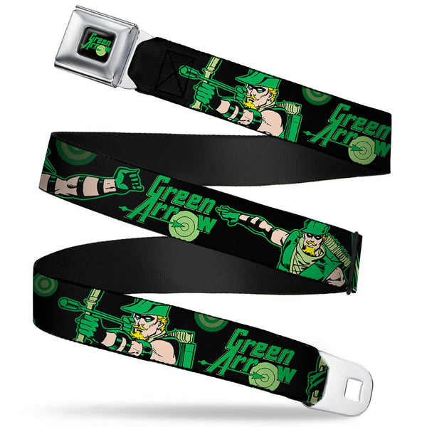 Buckle-Down GREEN ARROW Logo Full Color Black Green Seatbelt Belt - GREEN ARROW Action Poses/Targets Black/Greens Webbing