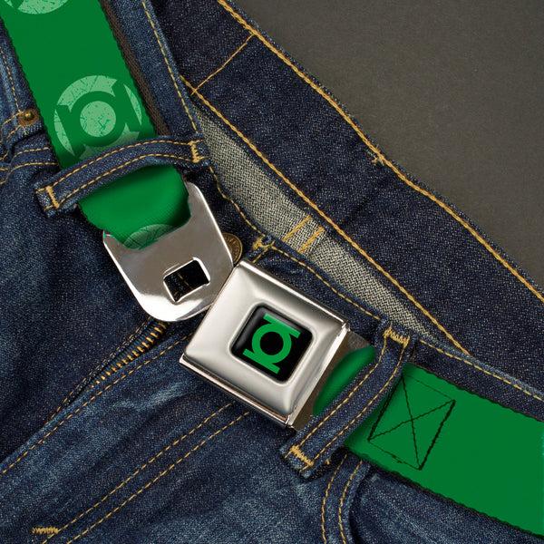 Buckle-Down Green Lantern Logo CLOSE-UP Black Green Seatbelt Belt - Green Lantern Logo Weathered Greens Webbing