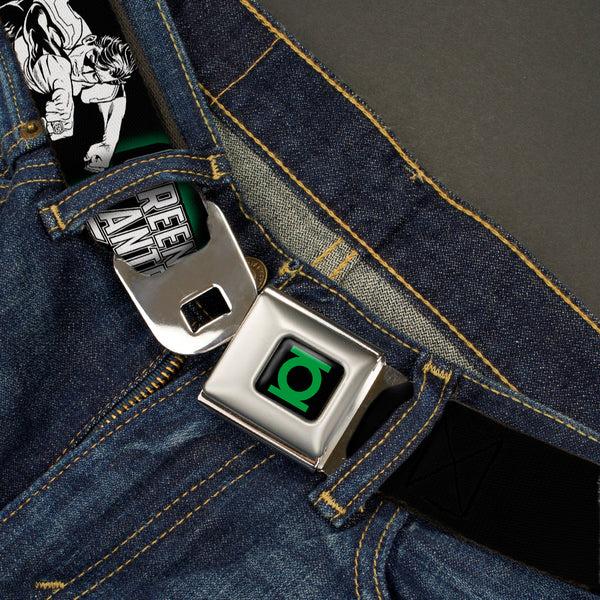 Buckle-Down Green Lantern Logo CLOSE-UP Black Green Seatbelt Belt - GREEN LANTERN Action Poses Black/White/Green Webbing