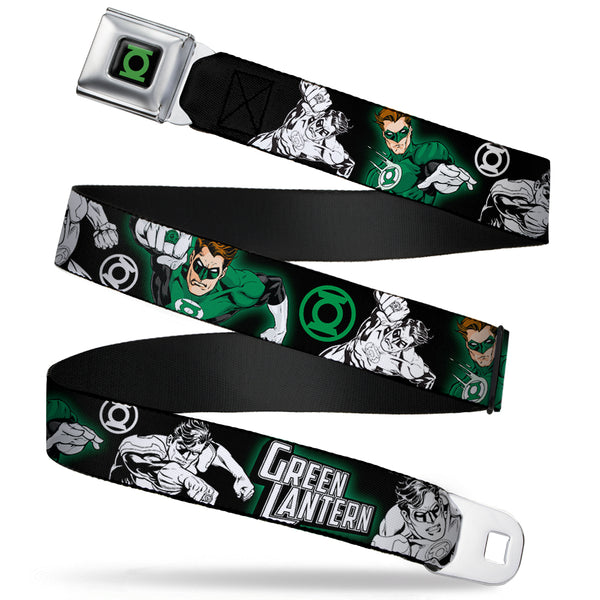 Buckle-Down Green Lantern Logo CLOSE-UP Black Green Seatbelt Belt - GREEN LANTERN Action Poses Black/White/Green Webbing
