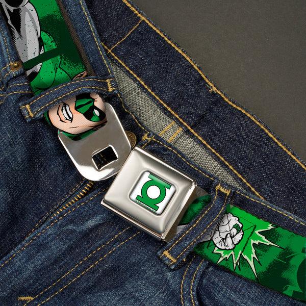 Buckle-Down Green Lantern Logo CLOSE-UP White Green Seatbelt Belt - Green Lantern Green Glow W/Text Webbing