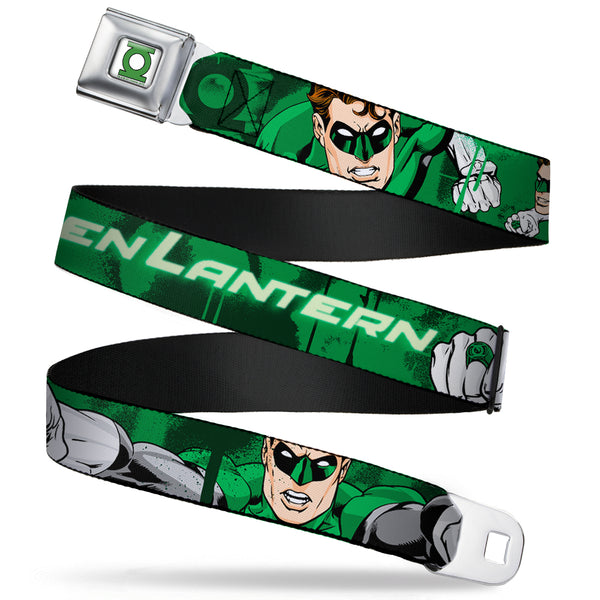 Buckle-Down Green Lantern Logo CLOSE-UP White Green Seatbelt Belt - Green Lantern Green Glow w/Text Webbing