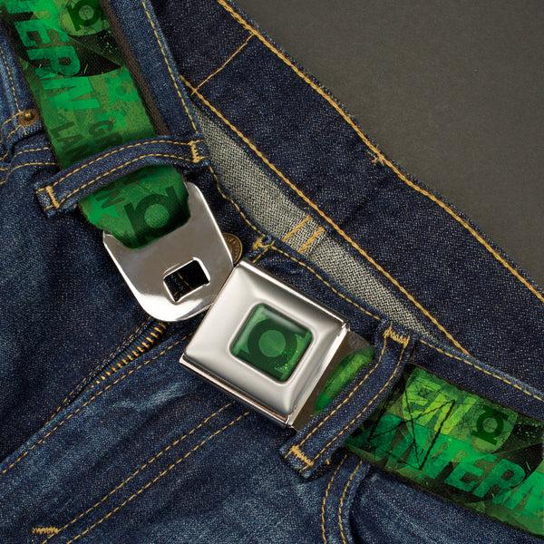 Buckle-Down Green Lantern Logo Weathered Full Color Greens Seatbelt Belt - GREEN LANTERN/Logo Collage Weathered Greens Webbing