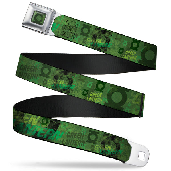 Buckle-Down Green Lantern Logo Weathered Full Color Greens Seatbelt Belt - GREEN LANTERN/Logo Collage Weathered Greens Webbing