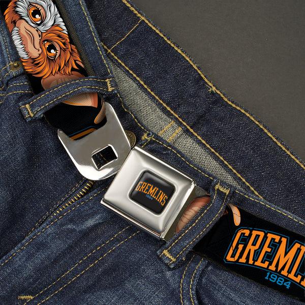 Buckle-Down GREMLINS 1984 Title Logo Full Color Black/Blue/Orange Seatbelt Belt - GREMLINS 1984 Gizmo Face Close-Up Black Webbing