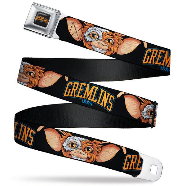 Buckle-Down GREMLINS 1984 Title Logo Full Color Black/Blue/Orange Seatbelt Belt - GREMLINS 1984 Gizmo Face Close-Up Black Webbing
