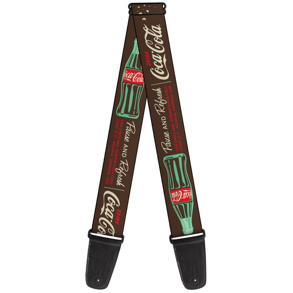 Buckle-Down Guitar Strap - Coca-Cola PAUSE AND REFRESH Typography and Bottle Brown/Red/White