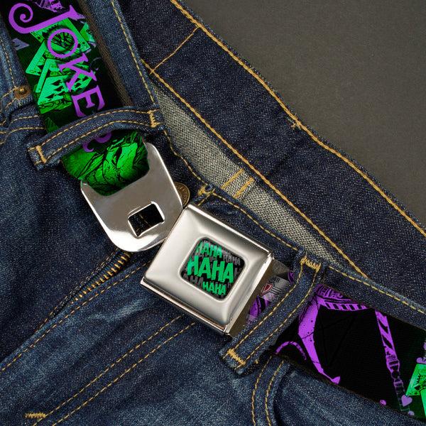 Buckle-Down HAHA Stacked Full Color Black Gray Green Seatbelt Belt - THE JOKER Card Flipping Poses Black/Greens/Purples Webbing