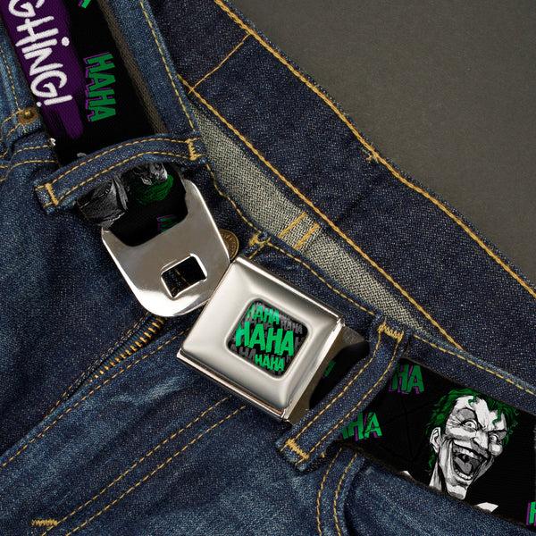 Buckle-Down HAHA Stacked Full Color Black Gray Green Seatbelt Belt - Joker DIE LAUGHING HAHA Black/Purple/Green Webbing
