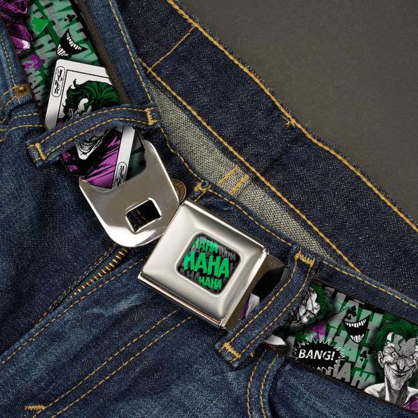 Buckle-Down HAHA Stacked Full Color Black Gray Green Seatbelt Belt - The Joker 4-Poses/Joker Card HAHA/Smile/BANG Grays/Greens/Purples Webbing