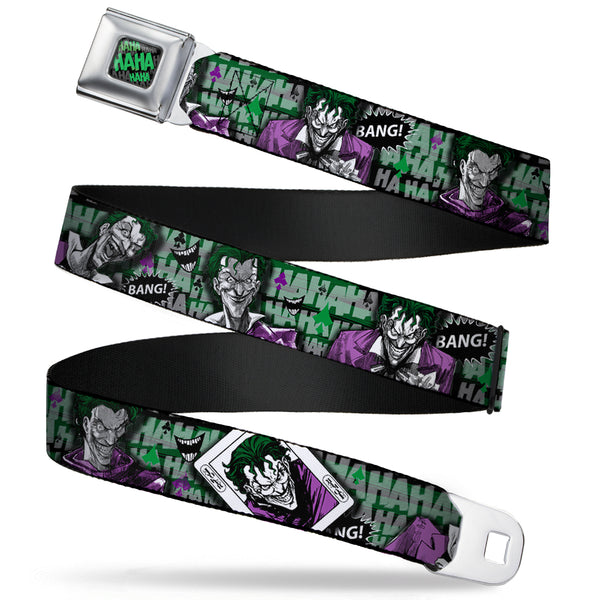 Buckle-Down HAHA Stacked Full Color Black Gray Green Seatbelt Belt - The Joker 4-Poses/Joker Card HAHA/Smile/BANG Grays/Greens/Purples Webbing