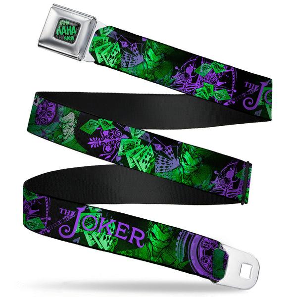 Buckle-Down HAHA Stacked Full Color Black Gray Green Seatbelt Belt - THE JOKER Card Flipping Poses Black/Greens/Purples Webbing