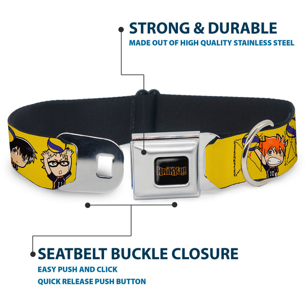 Buckle-Down HAIKYU Title Logo Full Color Black/Orange Seatbelt Buckle Collar - Haikyu Chibi Volleyball Player Warm Up Pose Yellow