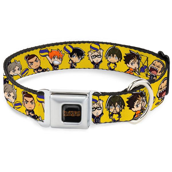 Buckle-Down HAIKYU Title Logo Full Color Black/Orange Seatbelt Buckle Collar - Haikyu Chibi Volleyball Player Warm Up Pose Yellow