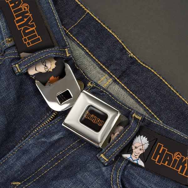 Buckle-Down HAIKYU Title Logo Full Color Black/Orange Seatbelt Belt - HAIKYU Volleyball Team Player Groups Line Up Black Webbing