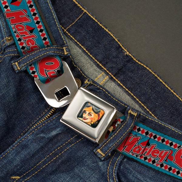 Buckle-Down Harley Quinn Bombshell Pin-Up Face Full Color Seatbelt Belt - Harley Quinn Bombshell Pin-Up Pose/Joker Card/Suits Blue/White/Red/Black Webbing