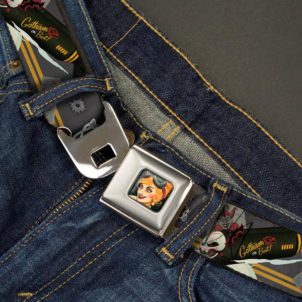 Buckle-Down Harley Quinn Bombshell Pin-Up Face Full Color Seatbelt Belt - Harley Quinn Aviation Pin-Up Pose/GOTHAM OR BUST Webbing