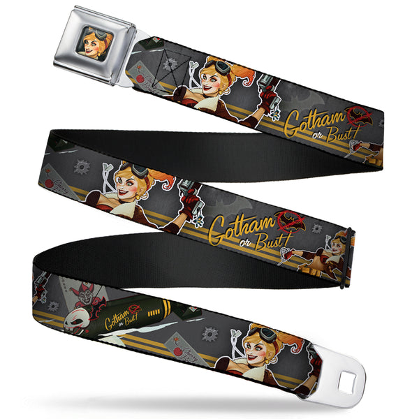 Buckle-Down Harley Quinn Bombshell Pin-Up Face Full Color Seatbelt Belt - Harley Quinn Aviation Pin-Up Pose/GOTHAM OR BUST Webbing