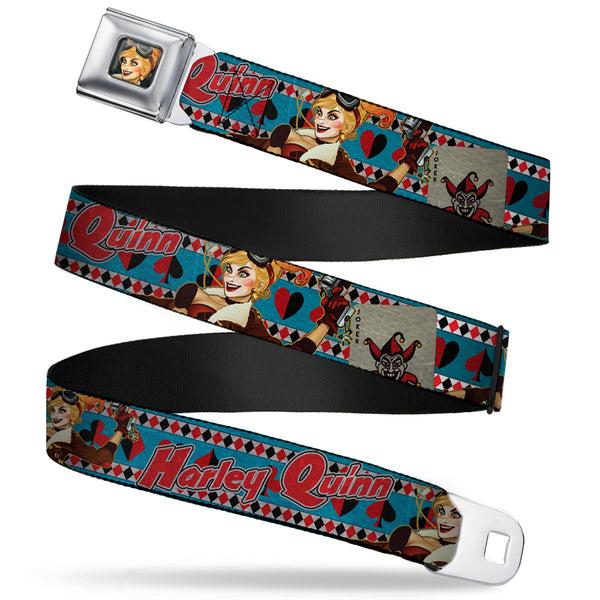 Buckle-Down Harley Quinn Bombshell Pin-Up Face Full Color Seatbelt Belt - Harley Quinn Bombshell Pin-Up Pose/Joker Card/Suits Blue/White/Red/Black Webbing