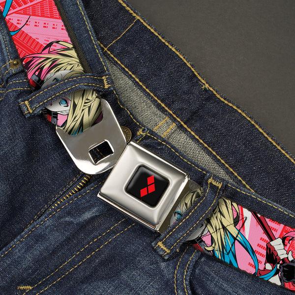 Buckle-Down Harley Quinn Diamon Full Color Black/Red Seatbelt Belt - Harley Quinn Puddin Poses Anime Graphics Pink/Red Webbing