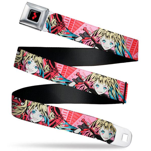 Buckle-Down Harley Quinn Diamon Full Color Black/Red Seatbelt Belt - Harley Quinn Puddin Poses Anime Graphics Pink/Red Webbing