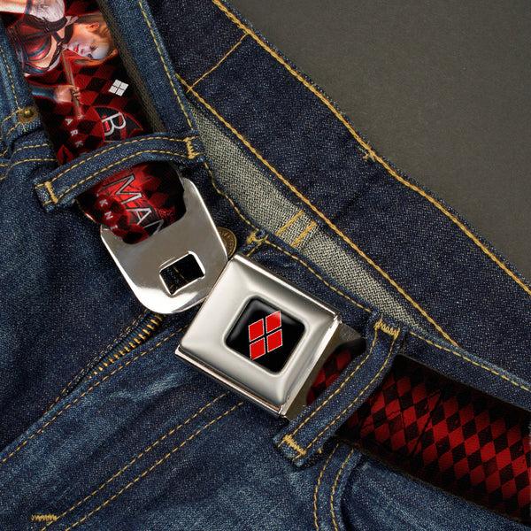 Buckle-Down Harley Quinn Diamond Full Color Black Red Seatbelt Belt - BATMAN ARKHAM KNIGHT Logo HARLEY QUINN Bat Poses Diamonds/Bats/Kisses Black/Reds/White Webbing