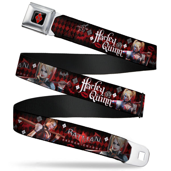 Buckle-Down Harley Quinn Diamond Full Color Black Red Seatbelt Belt - BATMAN ARKHAM KNIGHT Logo HARLEY QUINN Bat Poses Diamonds/Bats/Kisses Black/Reds/White Webbing