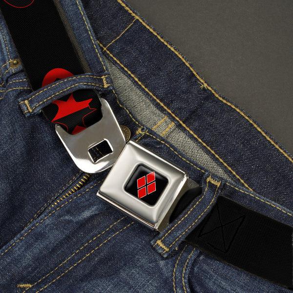 Buckle-Down Harley Quinn Diamond Full Color Black Red Seatbelt Belt - Bat Logo/Harley Quinn Diamonds Black/Red Webbing
