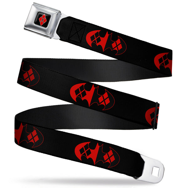 Buckle-Down Harley Quinn Diamond Full Color Black Red Seatbelt Belt - Bat Logo/Harley Quinn Diamonds Black/Red Webbing
