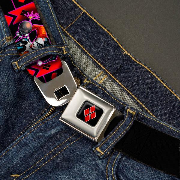 Buckle-Down Harley Quinn Diamond Full Color Black Red Seatbelt Belt - HARLEY QUINN Bomb Poses/Suits Black/Purple/Red Webbing