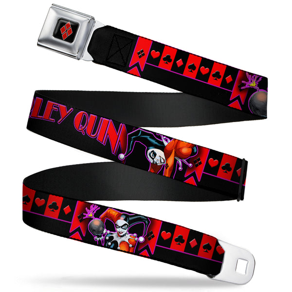 Buckle-Down Harley Quinn Diamond Full Color Black Red Seatbelt Belt - HARLEY QUINN Bomb Poses/Suits Black/Purple/Red Webbing