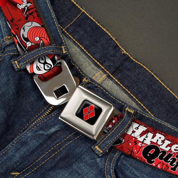 Buckle-Down Harley Quinn Diamond Full Color Black Red Seatbelt Belt - HARLEY QUINN Poses/Comic Book Scenes Reds/Black Webbing
