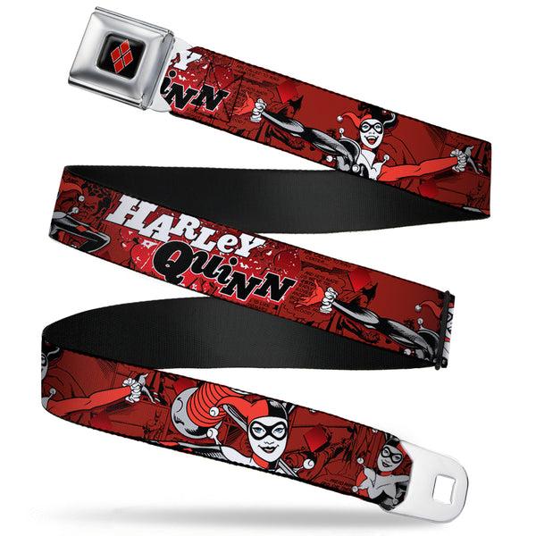 Buckle-Down Harley Quinn Diamond Full Color Black Red Seatbelt Belt - HARLEY QUINN Poses/Comic Book Scenes Reds/Black Webbing