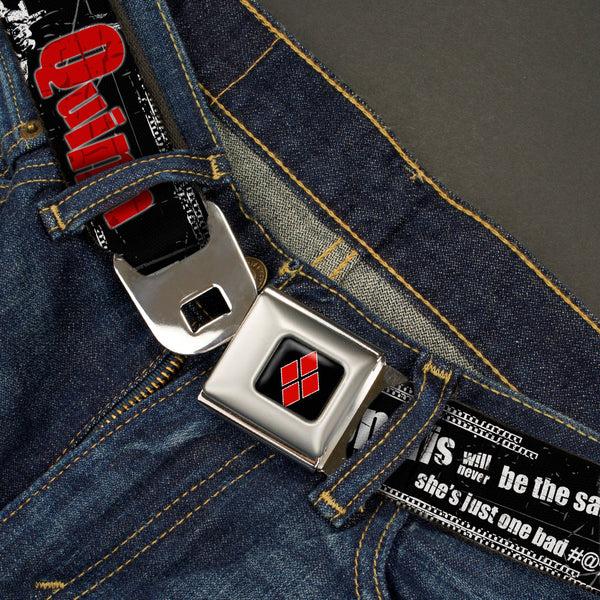 Buckle-Down Harley Quinn Diamond Full Color Black Red Seatbelt Belt - HARLEY QUINN Face METROPOLIS WILL NEVER BE THE SAME Black/White/Red Webbing
