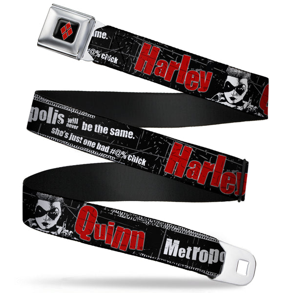 Buckle-Down Harley Quinn Diamond Full Color Black Red Seatbelt Belt - HARLEY QUINN Face METROPOLIS WILL NEVER BE THE SAME Black/White/Red Webbing