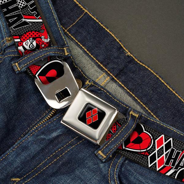 Buckle-Down Harley Quinn Diamond Full Color Black Red Seatbelt Belt - Harley Quinn Poses/HAHAHA /Diamonds/Hearts Halftone White/Black/Red Webbing