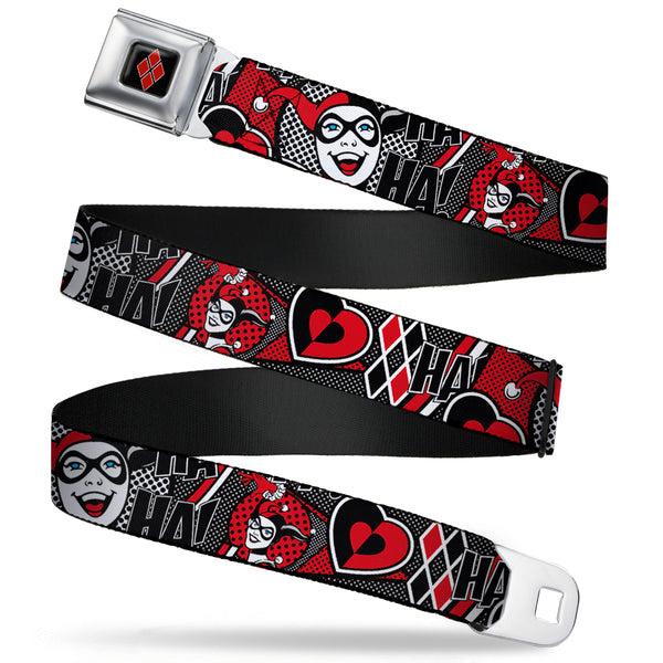 Buckle-Down Harley Quinn Diamond Full Color Black Red Seatbelt Belt - Harley Quinn Poses/HAHAHA /Diamonds/Hearts Halftone White/Black/Red Webbing