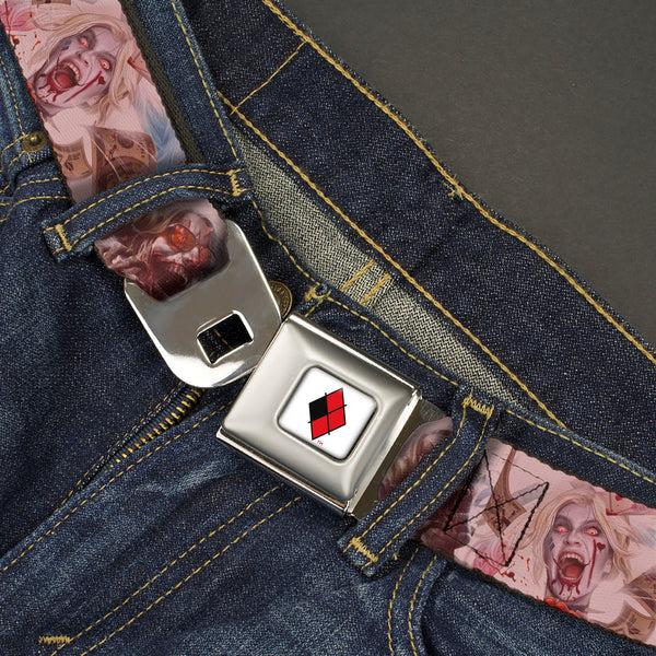 Buckle-Down Harley Quinn Diamond Full Color White/Black/Red Seatbelt Belt - Harley Quinn Dceased Variant Cover Pose Blocks Webbing