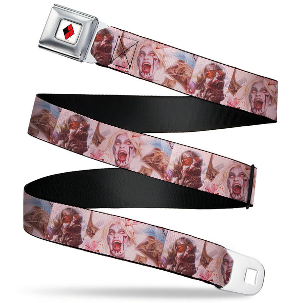 Buckle-Down Harley Quinn Diamond Full Color White/Black/Red Seatbelt Belt - Harley Quinn Dceased Variant Cover Pose Blocks Webbing