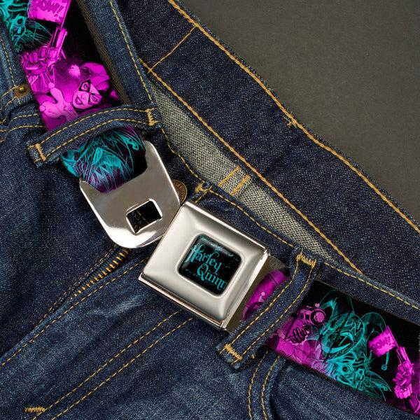 Buckle-Down HARLEY QUINN Full Color Black Turquoise Seatbelt Belt - HARLEY QUINN Pow & Aiming Poses/Joker Sketch Black/Turquoise/Fuchsia Webbing