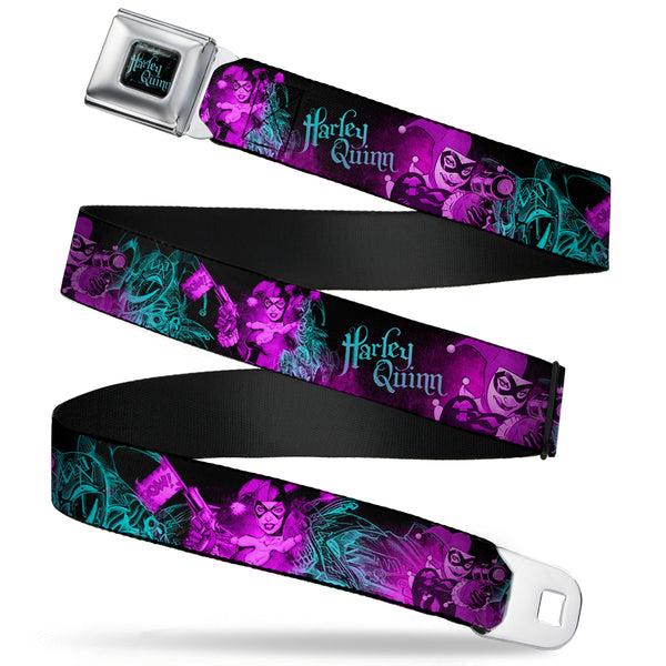 Buckle-Down HARLEY QUINN Full Color Black Turquoise Seatbelt Belt - HARLEY QUINN Pow & Aiming Poses/Joker Sketch Black/Turquoise/Fuchsia Webbing